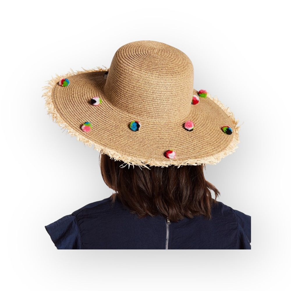 new ✶ Pom Pom Embellished ✶ Raffia Straw Wide Brim Sun Hat ✶ Resort Cruise Chic - Picture 15 of 16
